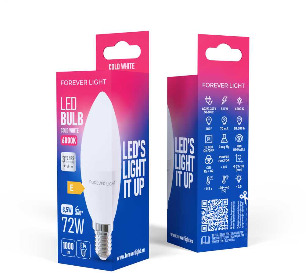 Telforceone Forever Light LED Bulb E14 C37 8.5W 1000lm 6000K class E