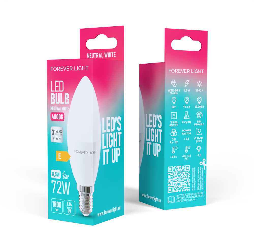 Telforceone Forever Light LED Bulb E14 C37 8.5W 1000lm 4000K class E