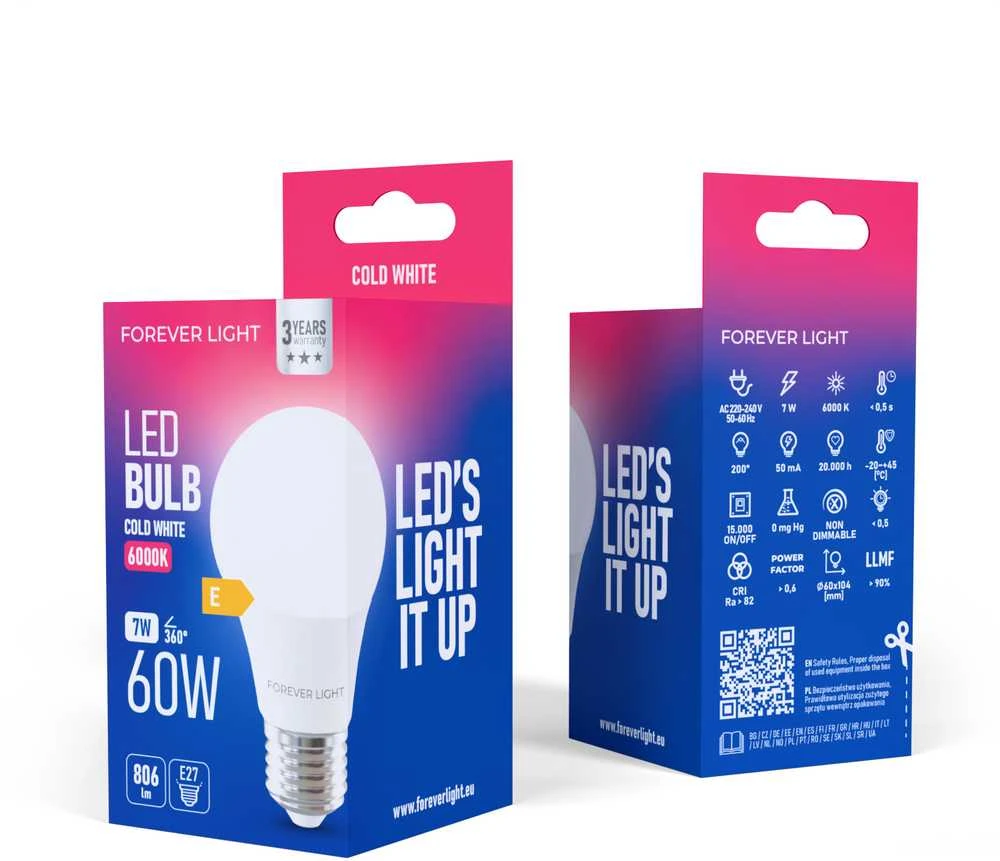 „Telforceone Forever Light“ LED lemputė E27 A60 7W 806lm 6000K E klasė