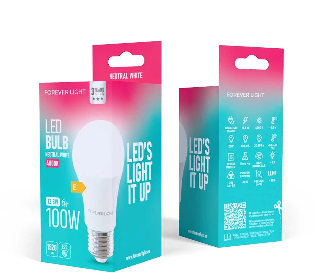 Telforceone Forever Light LED Bulb E27 A60 12.8W 1520lm 4000K class E
