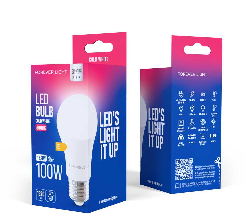 Telforceone Forever Light LED Bulb E27 A60 12.8W 1520lm 6000K class E