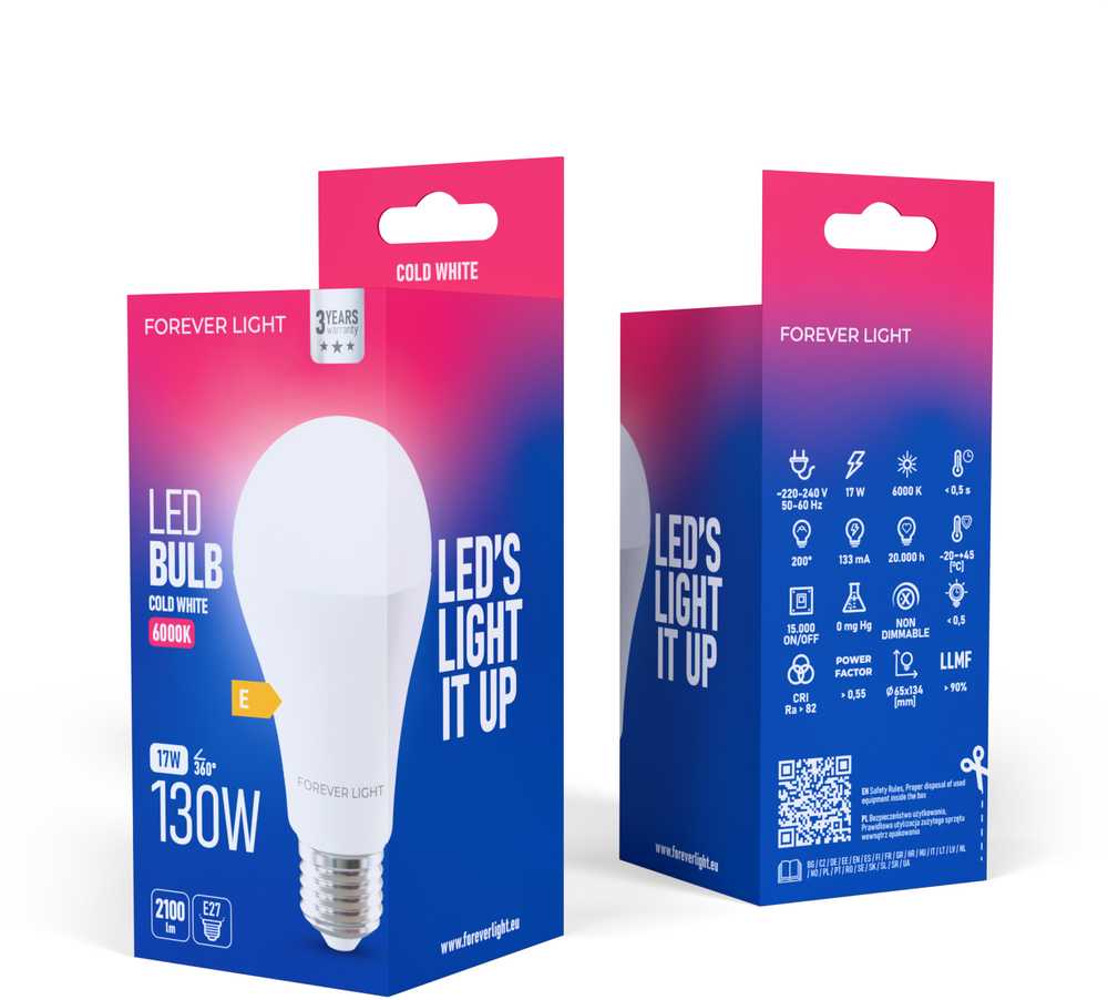 Telforceone Forever Light LED Bulb E27 A65 17W 2100lm 6000K class E