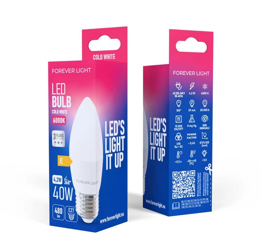 „Telforceone Forever Light“ LED lemputė E27 C37 4,2 W 480 lm 6000 K, E klasė