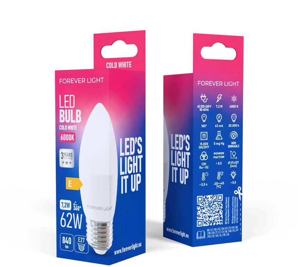 „Telforceone Forever Light“ LED lemputė E27 C37 7,2 W 840 lm 6000 K, E klasė