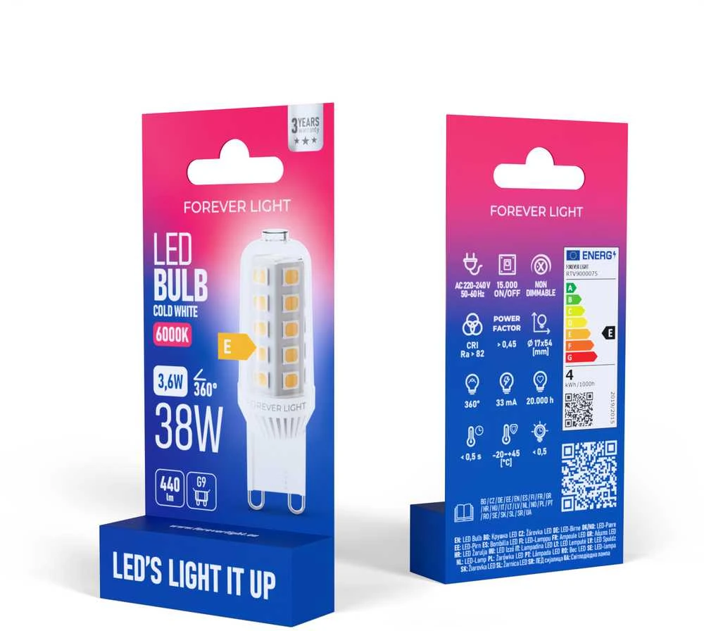 „Telforceone Forever Light“ LED lemputė G9 3,6 W 440 lm 6000 K keraminė F klasė