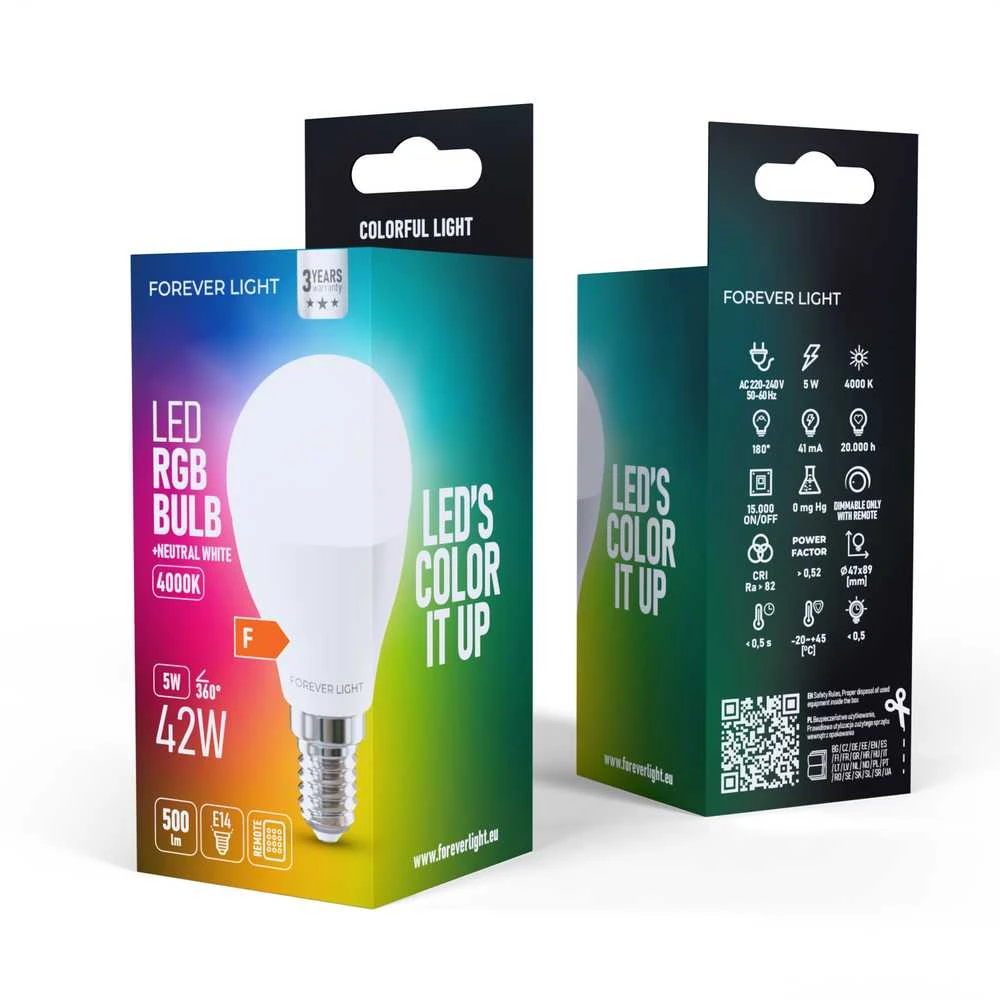 „Telforceone Forever Light“ LED lemputė RGB E14 G45 5W 500lm 4000K F klasė