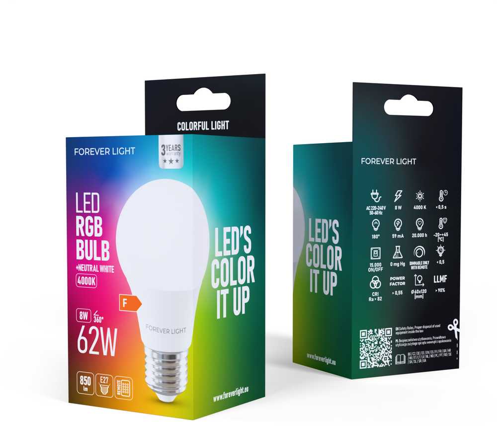 Telforceone Forever Light LED Bulb RGB E27 A60 8W 850lm 4000K class F