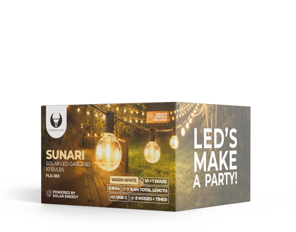 „Telforceone Forever Light“ saulės energija varomos LED girliandos SUNARI FLS-180 8,5 m 10+1 skaidrios lemputės 1800 mAh + nuotolinio valdymo pultas