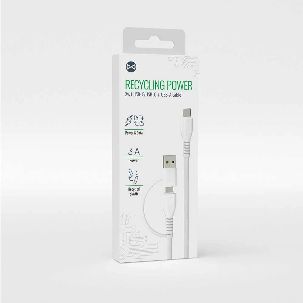Forever Recycling „Forever“ perdirbamo plastiko laidas 2in1 1,5m 3A USB-C – USB-C + USB-A KR2W1-00 baltas