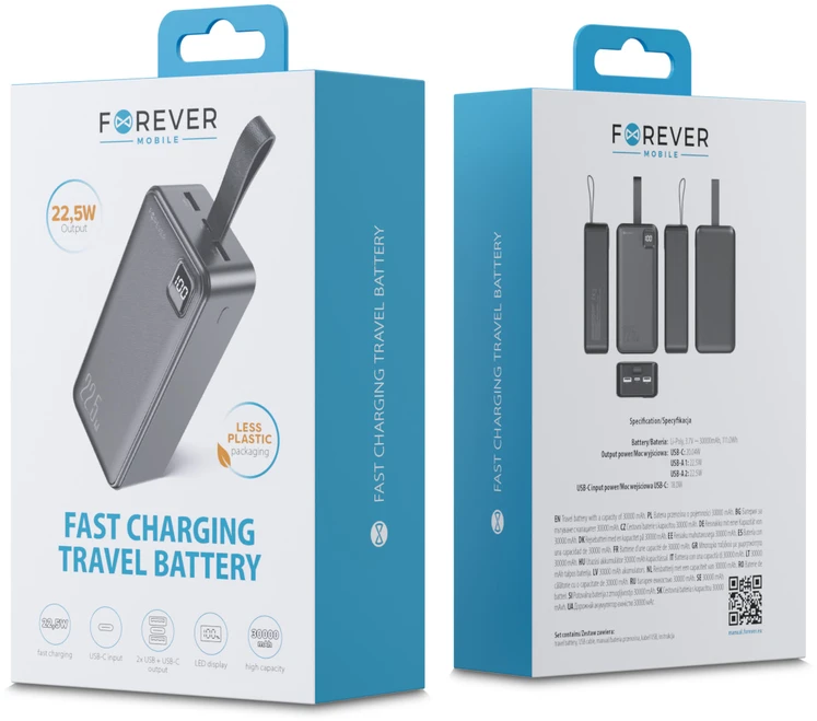 Telforceone Forever power bank TB-300XL PD QC 22,5W 30000 mAh juodas