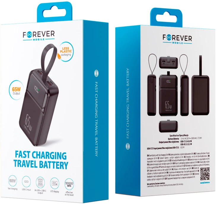 Forever išorinė baterija TB-400 PD QC 65W 20000 mAh juoda