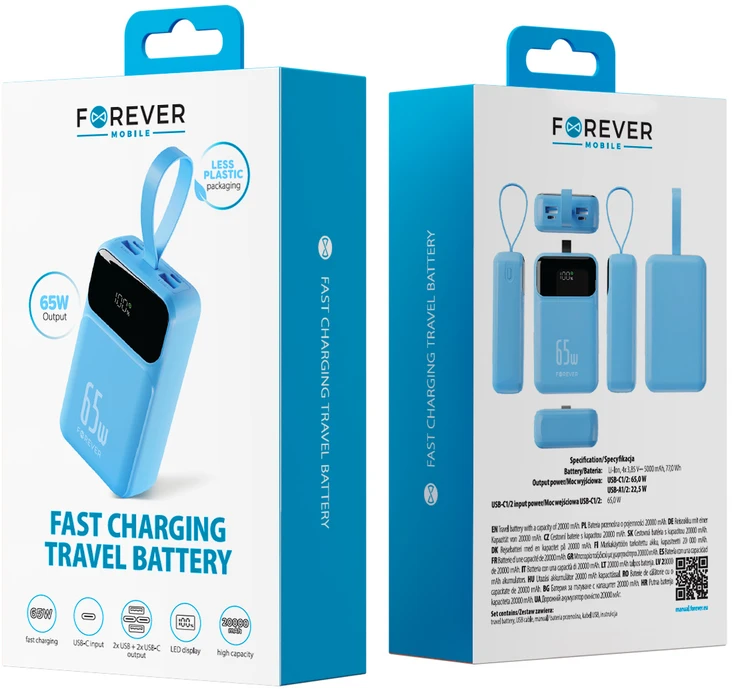 Telforceone Forever power bank Vibe-TB65 PD QC 65W 20000 mAh sky mėlynas