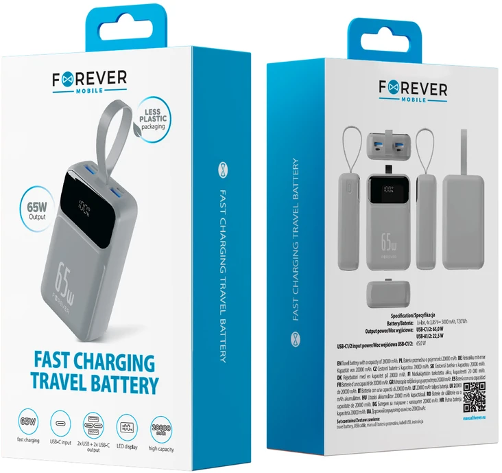 Forever išorinė baterija Vibe-TB65 PD QC 65W 20000 mAh sidabrinė
