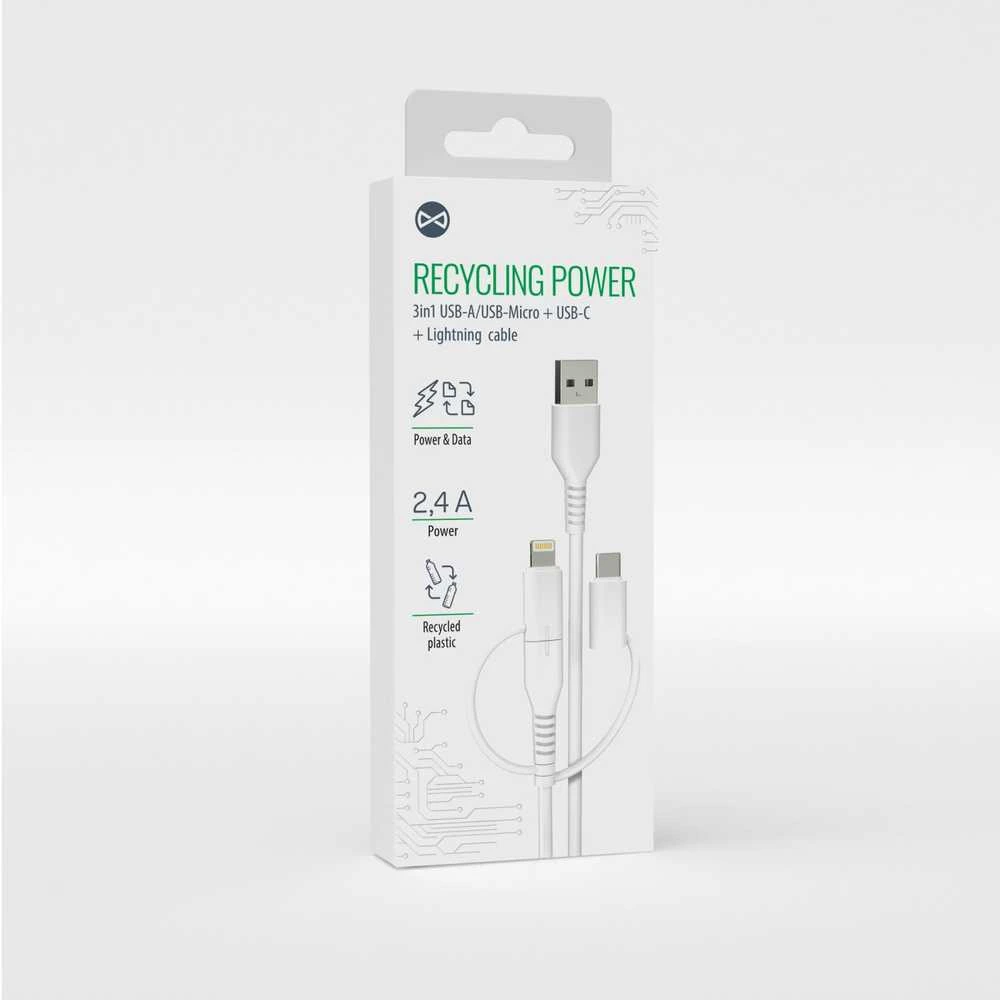 Forever Recycling „Forever“ perdirbto plastiko laidas 3-in-1 1,5 m 2,4 A USB-A – USB-C + microUSB + „Lightning“ KR3W1-00 baltas