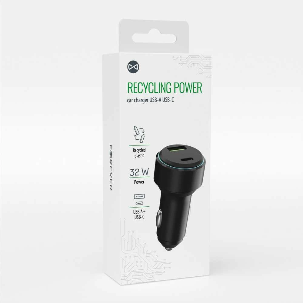 Forever Recycling Forever perdirbamo plastiko automobilinis įkroviklis su USB-C ir USB-A jungtimis 32W LS-AC-32