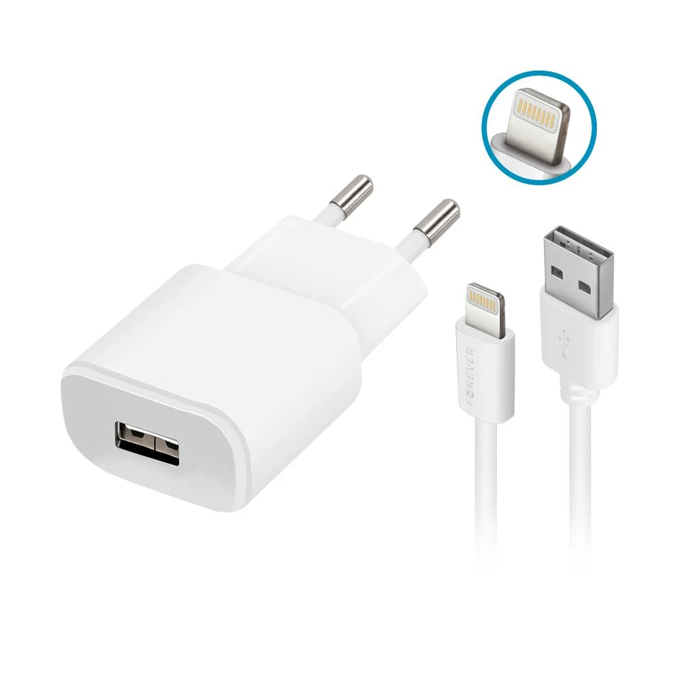 Forever TC-01 įkroviklis 1x USB 1A baltas + Lightning laidas