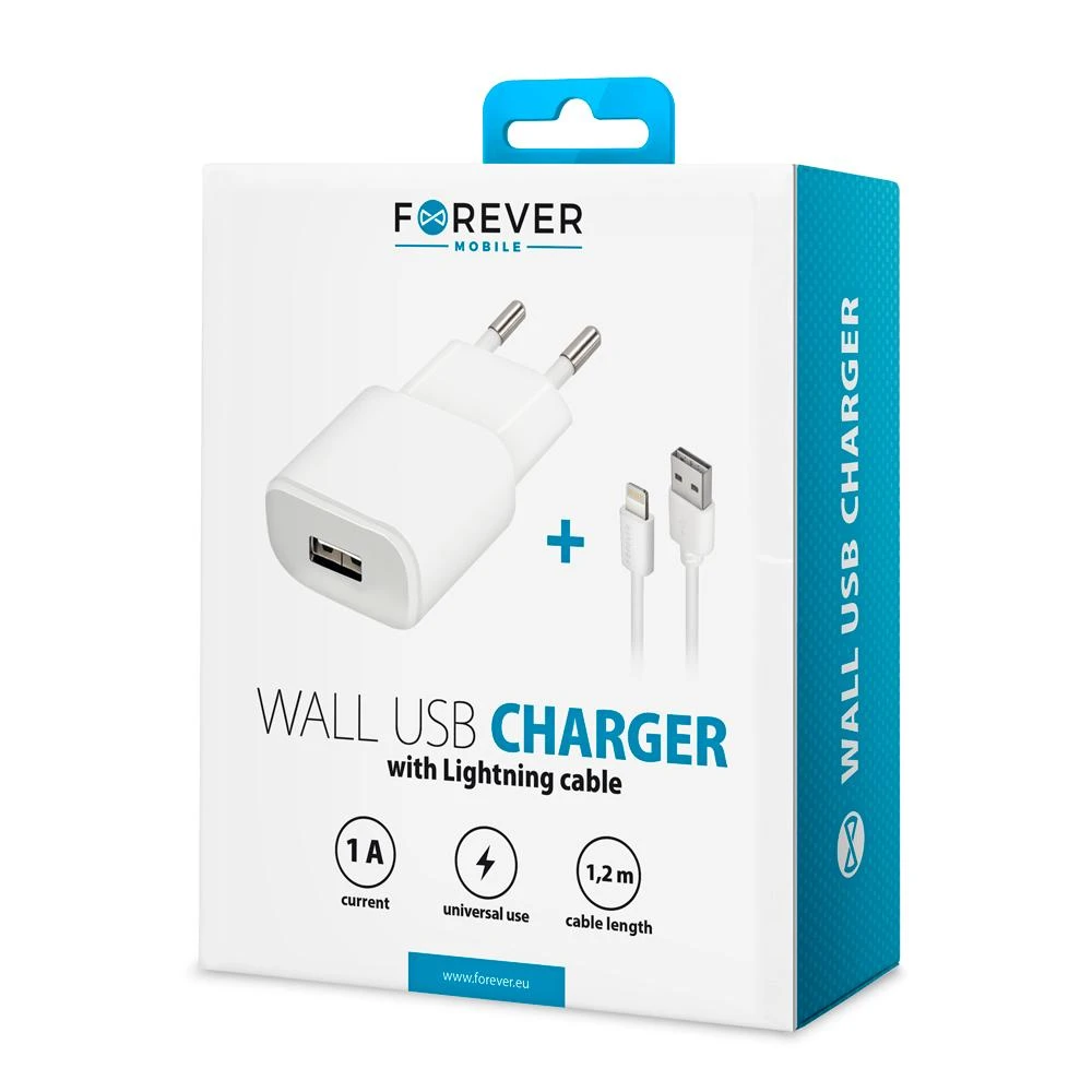 Forever TC-01 įkroviklis 1x USB 1A baltas + Lightning laidas