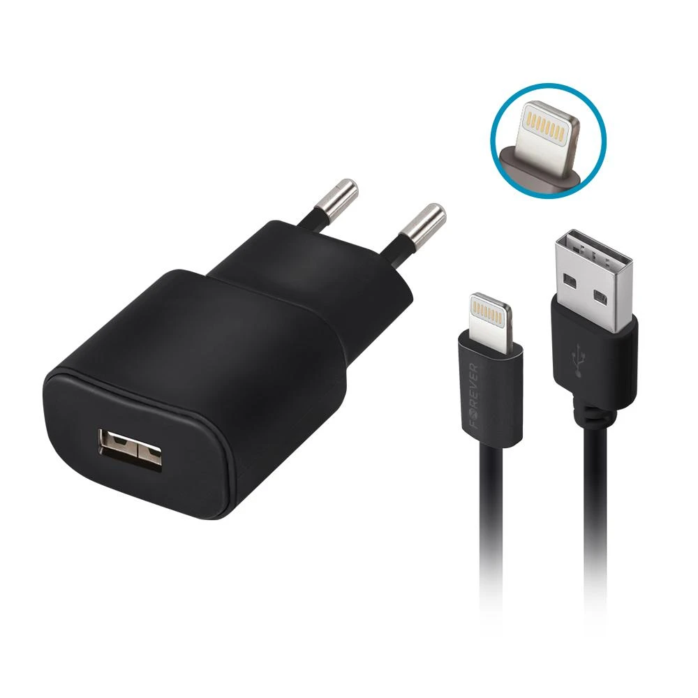 Forever TC-01 įkroviklis 1x USB 2A juodas + Lightning laidas