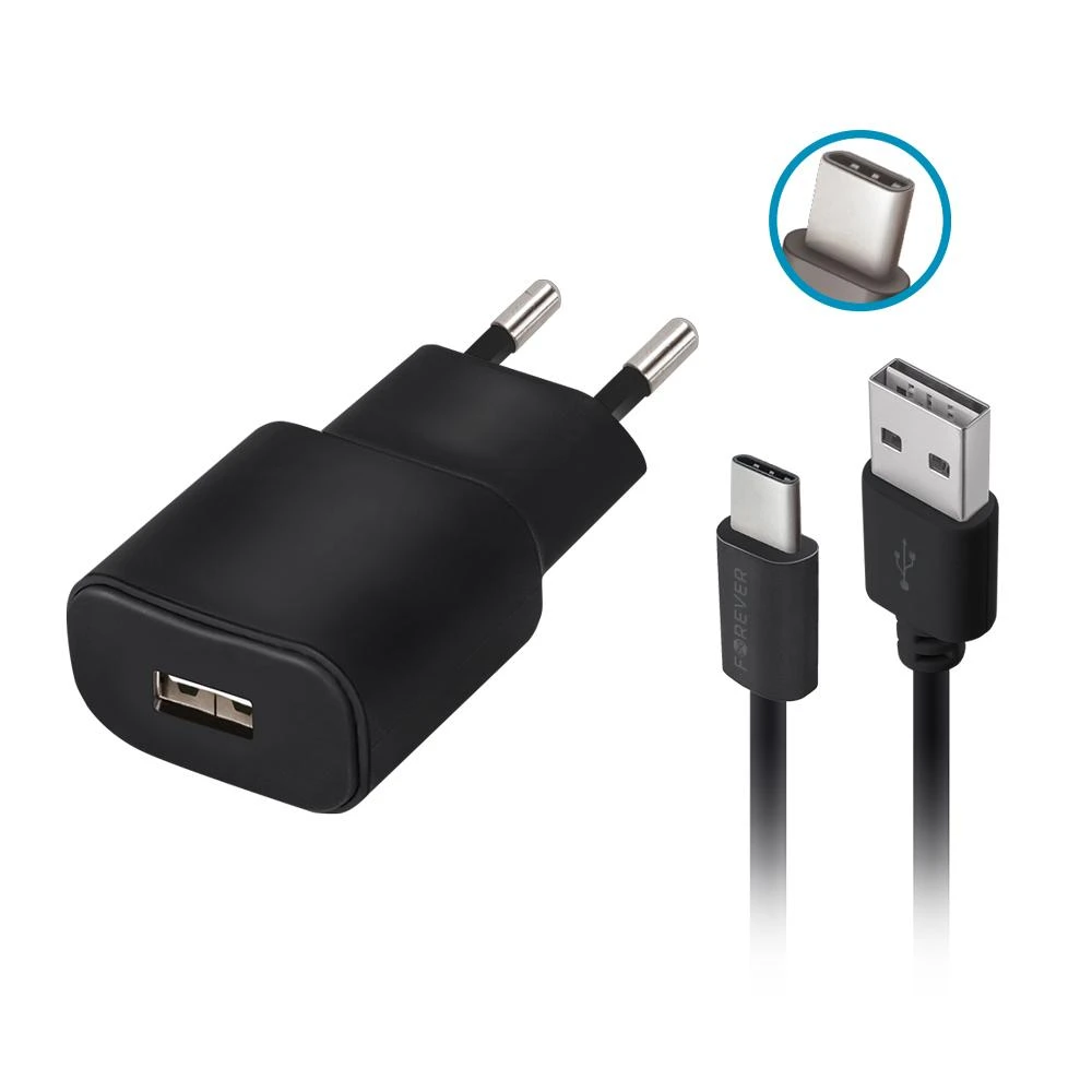 Forever TC-01 įkroviklis 1x USB 2A juodas + USB-C laidas