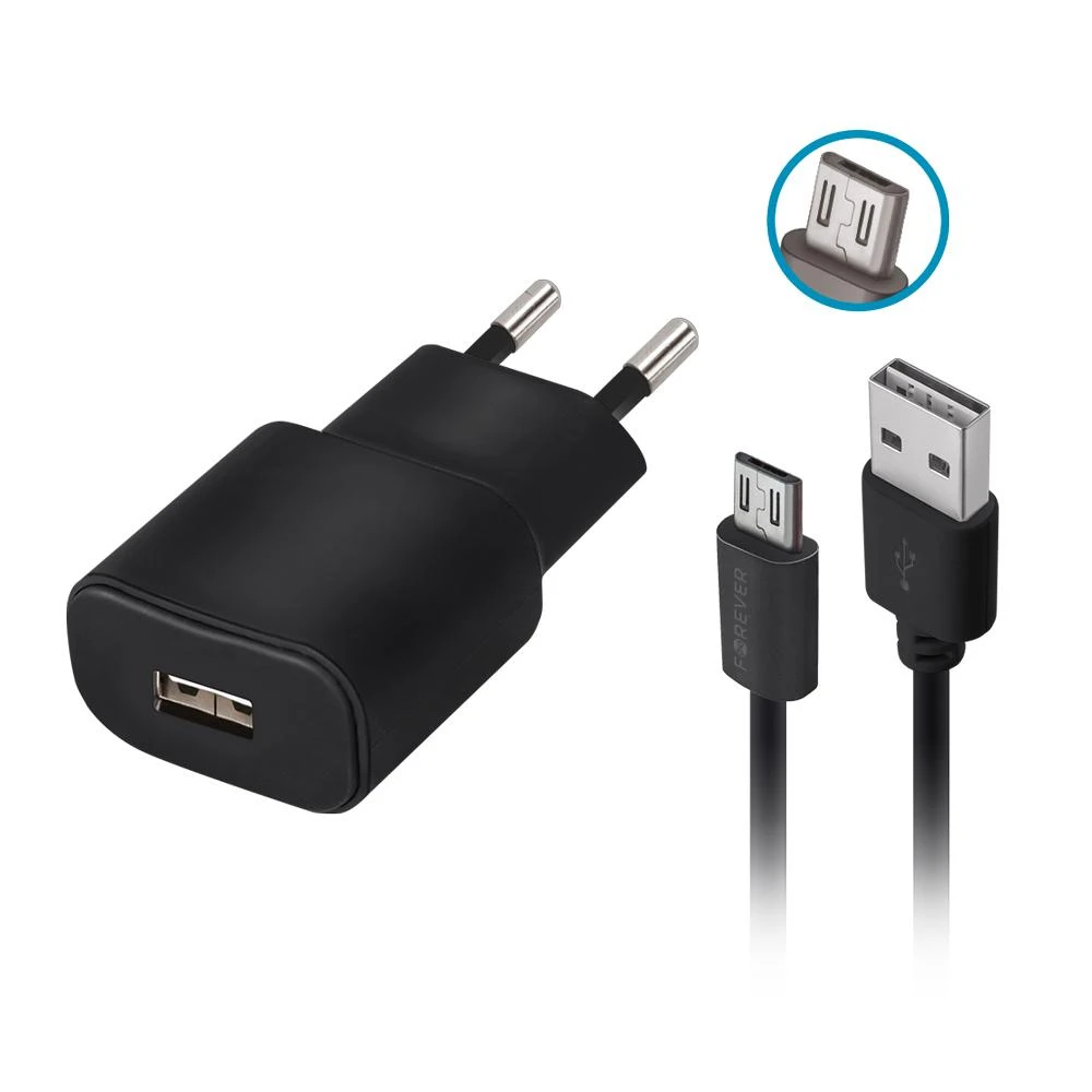 Forever TC-01 įkroviklis 1x USB 2A juodas + microUSB laidas