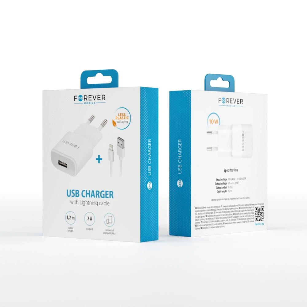 Forever TC-01 įkroviklis 1x USB 2A baltas + Lightning laidas