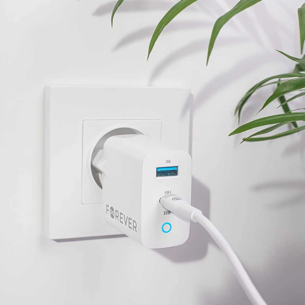 Forever TC-06-33AC GaN PD QC įkroviklis 1x USB-C 1x USB 33W baltas