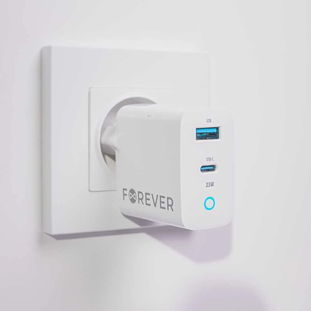 Forever TC-06-33AC GaN PD QC įkroviklis 1x USB-C 1x USB 33W baltas