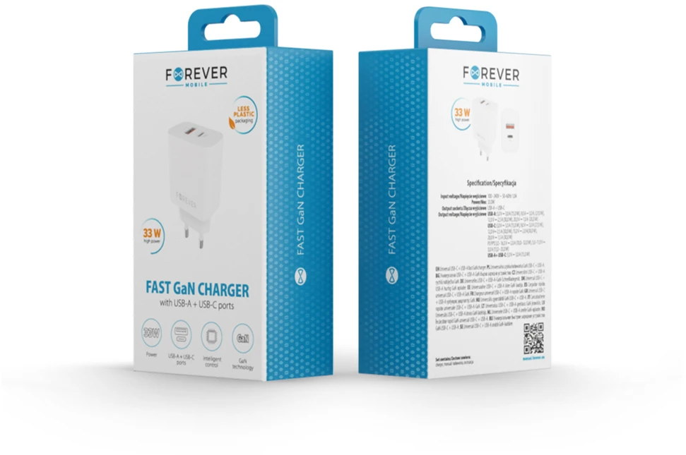 Telforceone Forever TC-09-33AC GaN PD QC charger 1x USB-C 1x USB 33W baltas