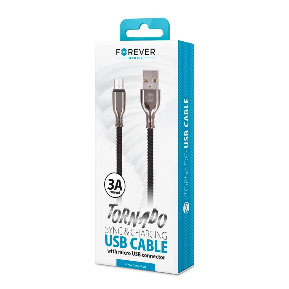Forever Tornado kabelis USB - microUSB 1,0 m 3A juodos spalvos
