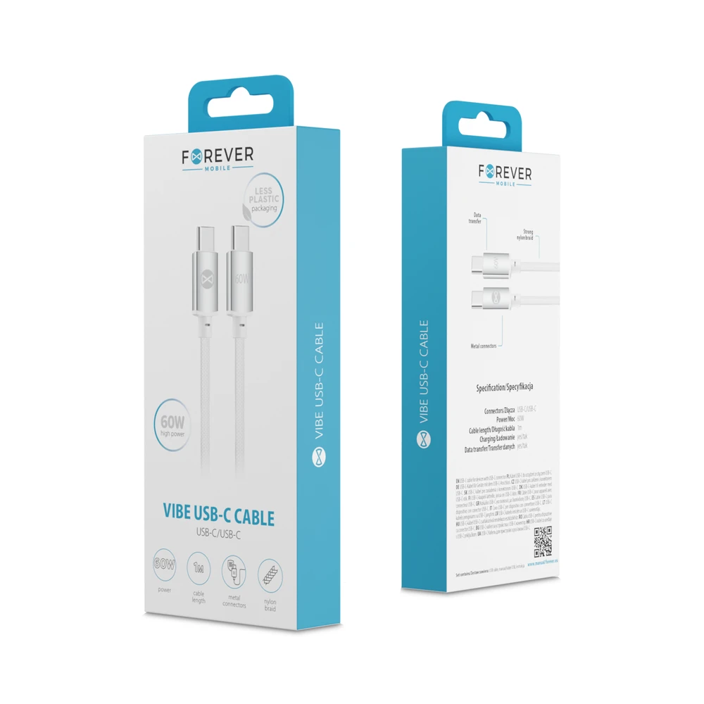 Forever Vibe laidas USB-C – USB-C 1,0 m 60W sidabrinis