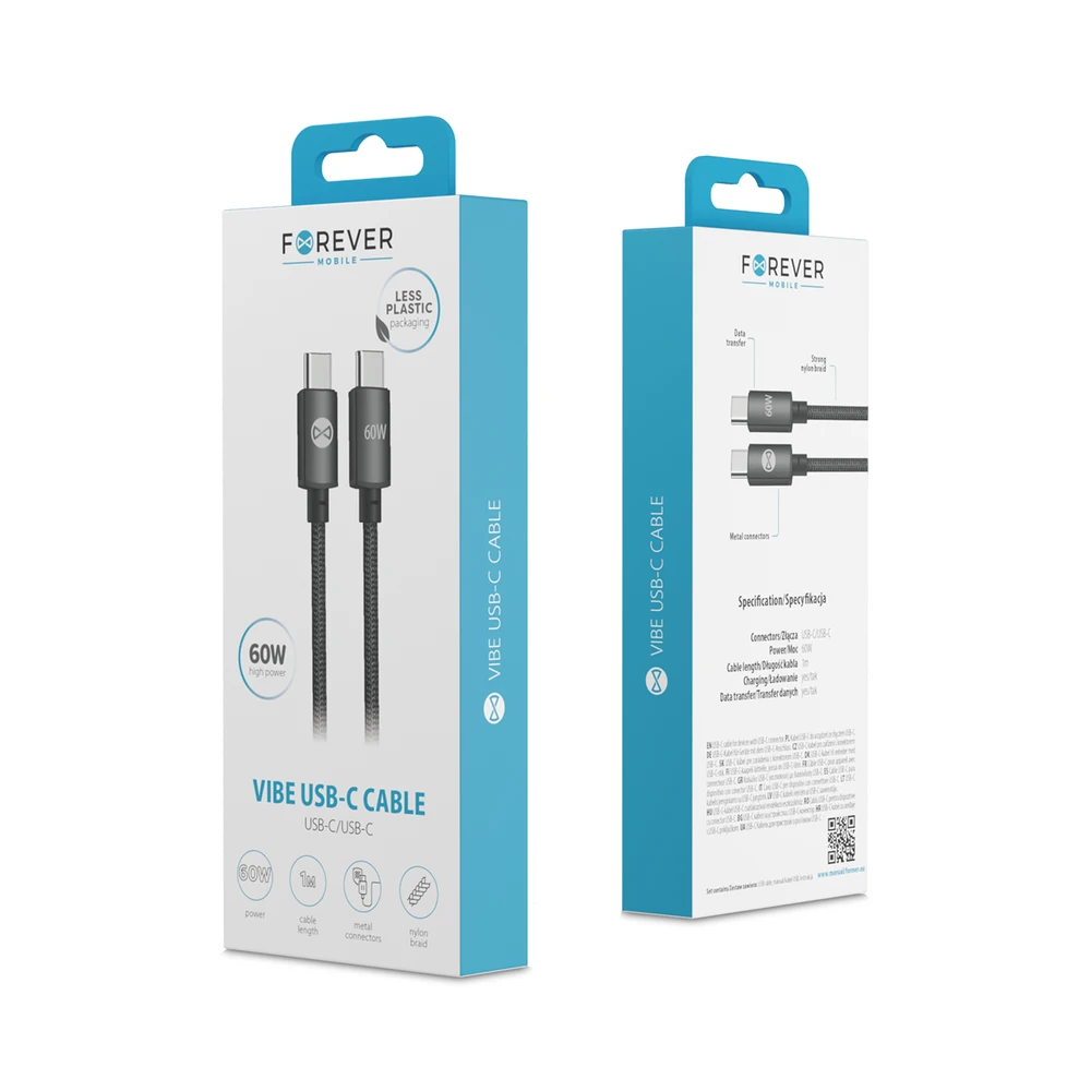 Forever Vibe laidas USB-C – USB-C 1,0 m 60W tamsiai pilkas
