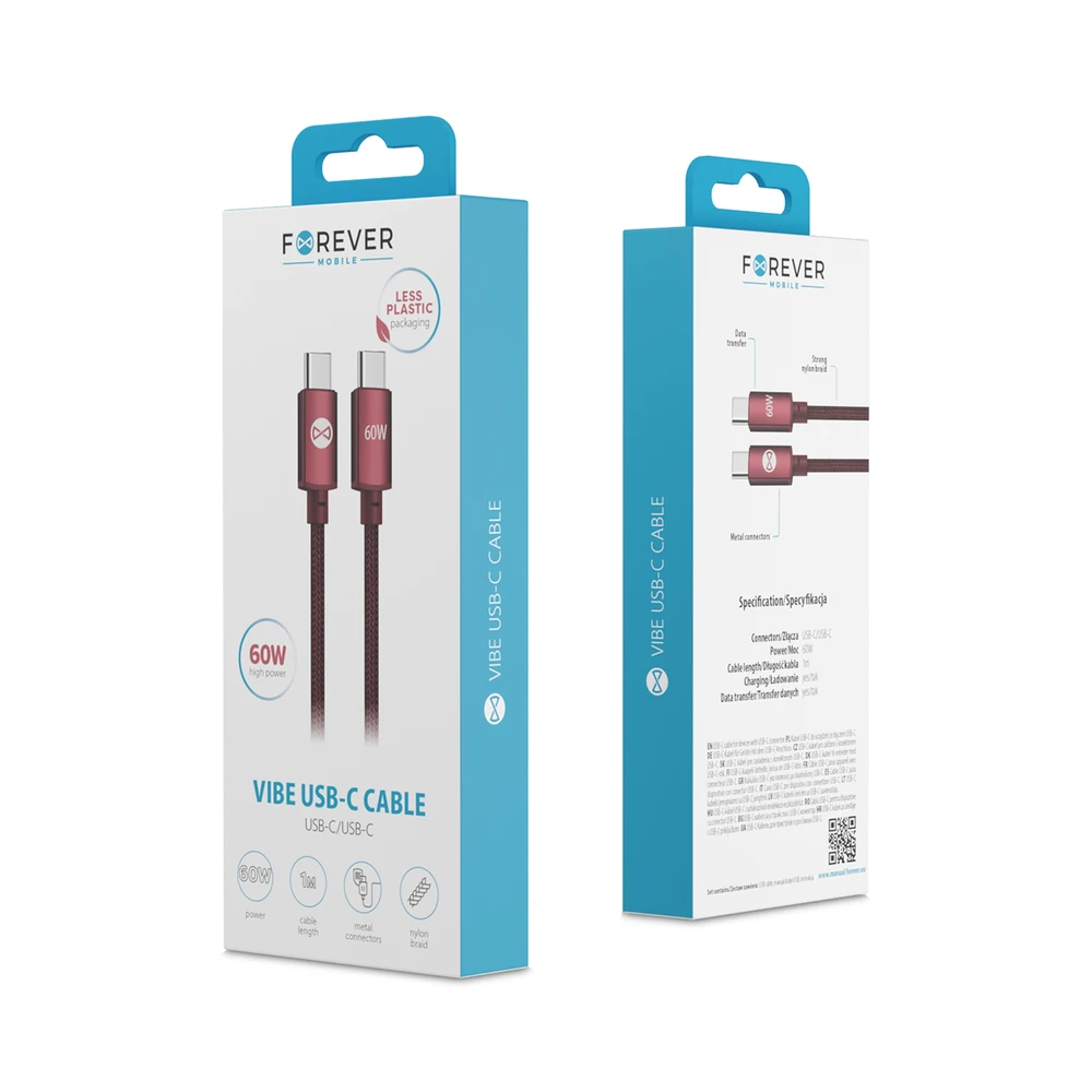 Forever Vibe laidas USB-C – USB-C 1,0 m 60W bordo spalvos