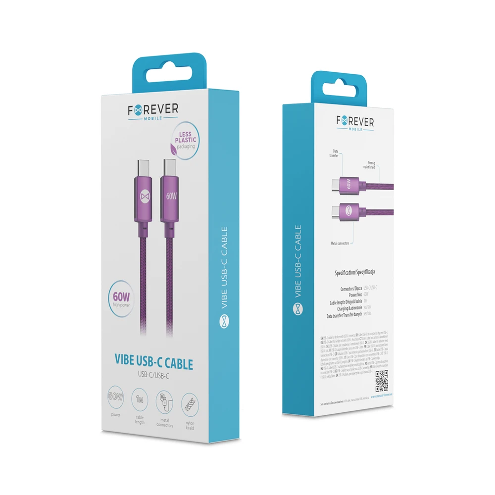 Forever Vibe laidas USB-C – USB-C 1,0 m 60W tamsios vyšnios spalvos