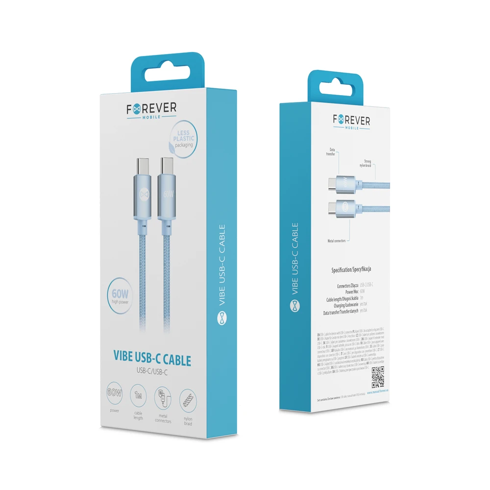 Telforceone Forever Vibe cable USB-C - USB-C 1,0 m 60W sky mėlynas