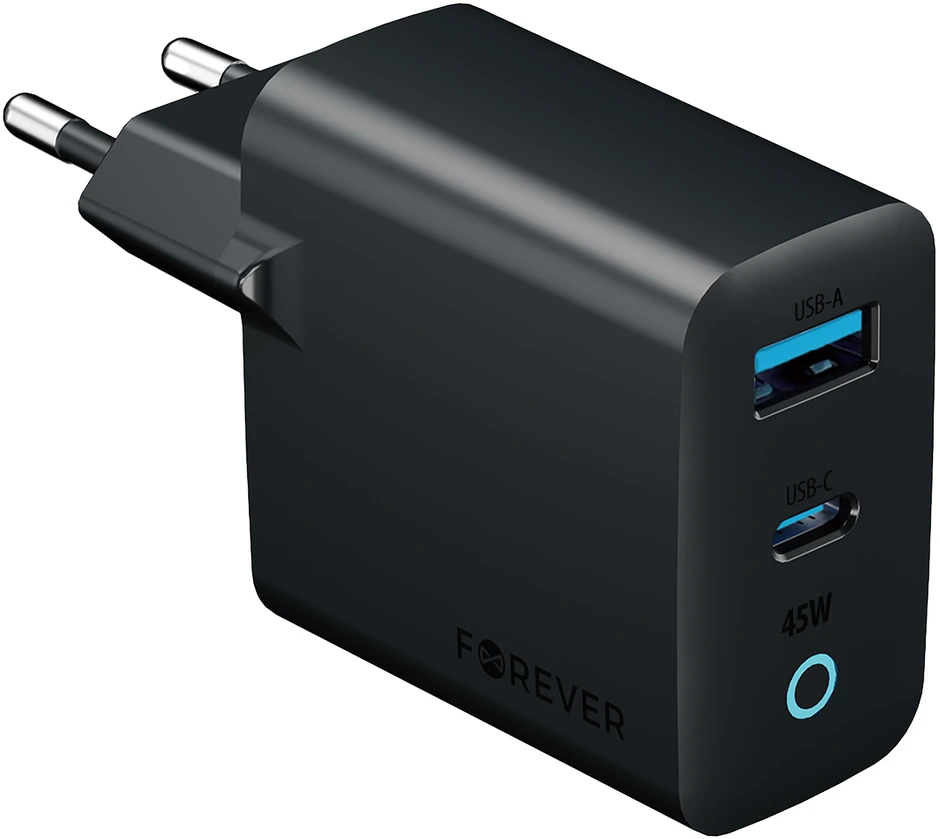 Forever Vibe-TC45AC GaN PD QC įkroviklis 1x USB-C 1x USB 45W tamsiai pilkas