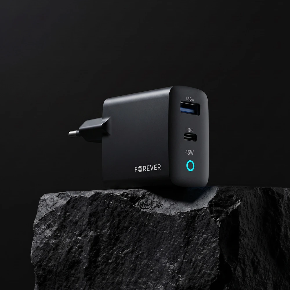 Forever Vibe-TC45AC GaN PD QC įkroviklis 1x USB-C 1x USB 45W tamsiai pilkas