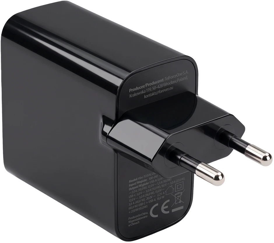 Forever Vibe-TC45AC GaN PD QC įkroviklis 1x USB-C 1x USB 45W tamsiai pilkas