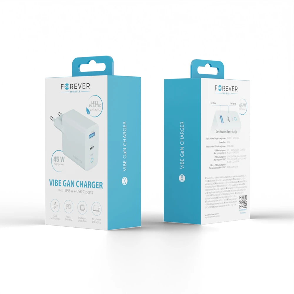 Forever Vibe-TC45AC GaN PD QC įkroviklis 1x USB-C 1x USB 45W sidabrinis
