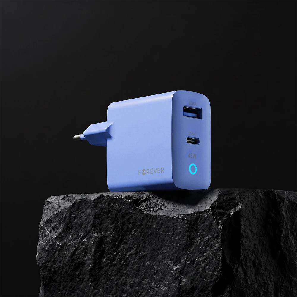Forever Vibe-TC45AC GaN PD QC įkroviklis 1x USB-C 1x USB 45W dangaus mėlyna