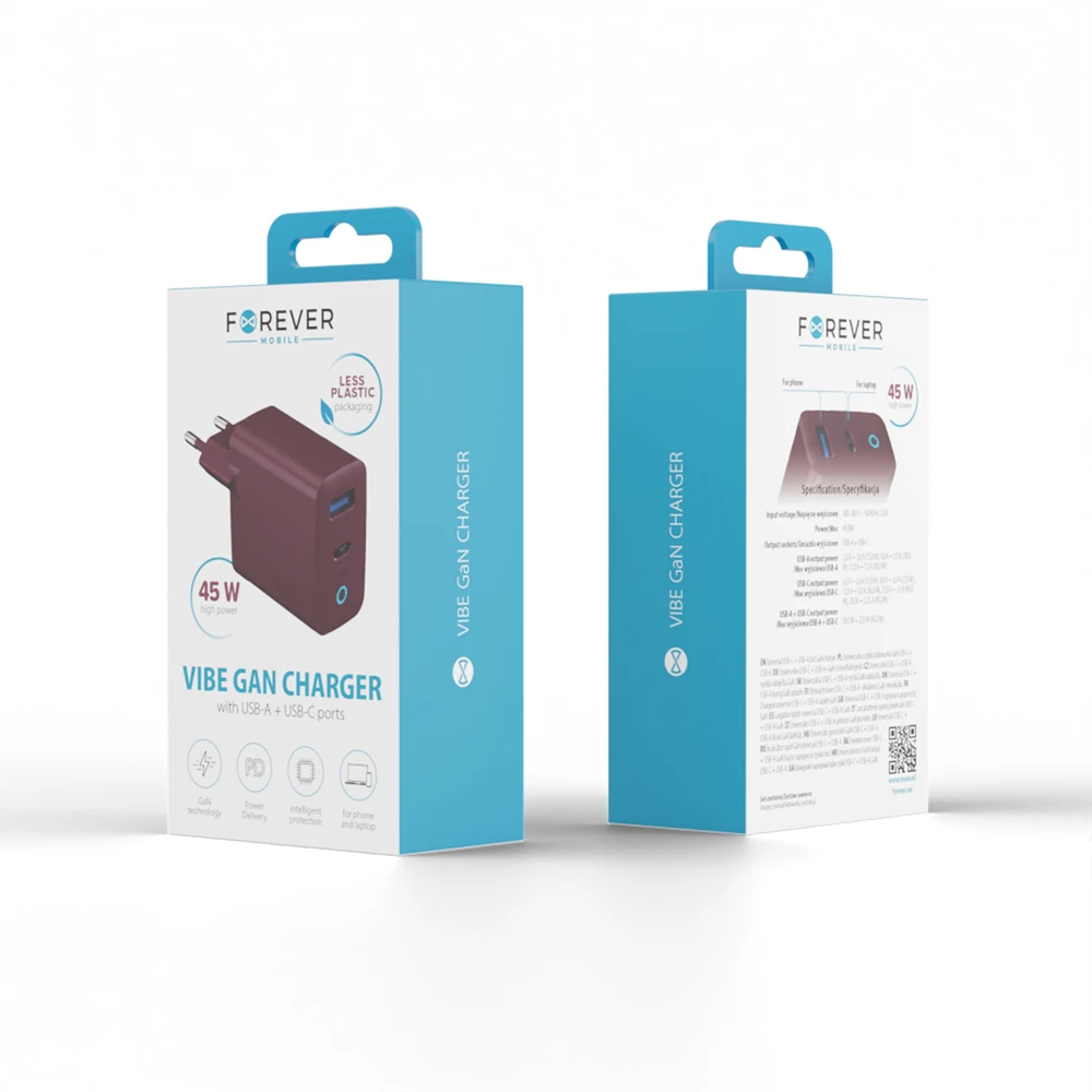 Forever Vibe-TC45AC GaN PD QC įkroviklis 1x USB-C 1x USB 45W tamsios vyšnios spalvos