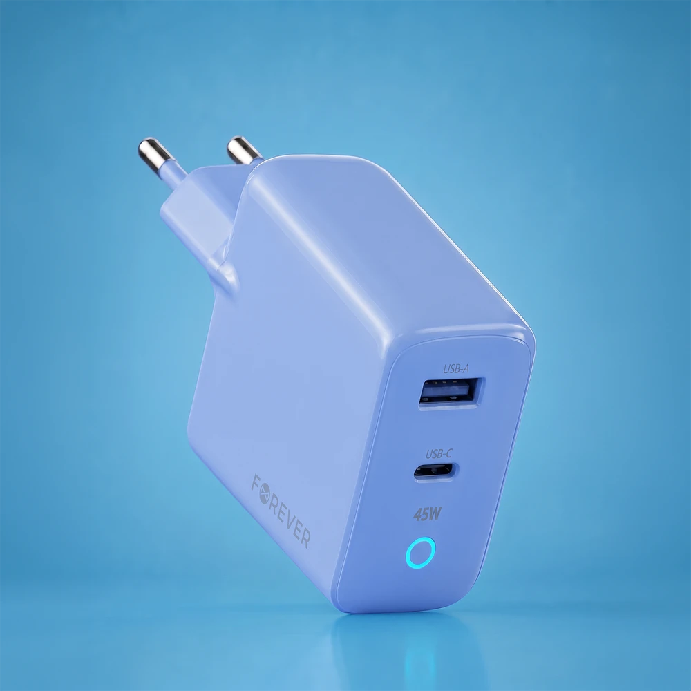 Forever Vibe-TC45AC GaN PD QC įkroviklis 1x USB-C 1x USB 45W dangaus mėlyna