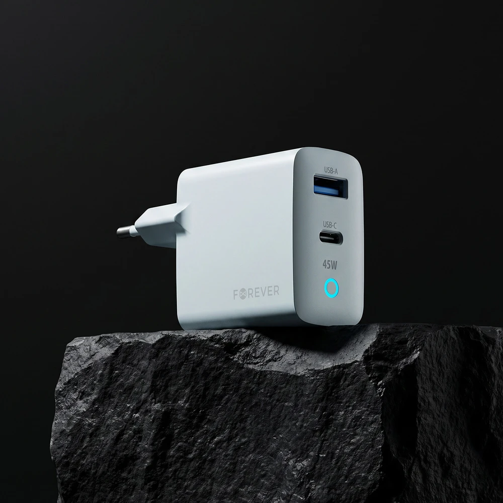 Forever Vibe-TC45AC GaN PD QC įkroviklis 1x USB-C 1x USB 45W sidabrinis