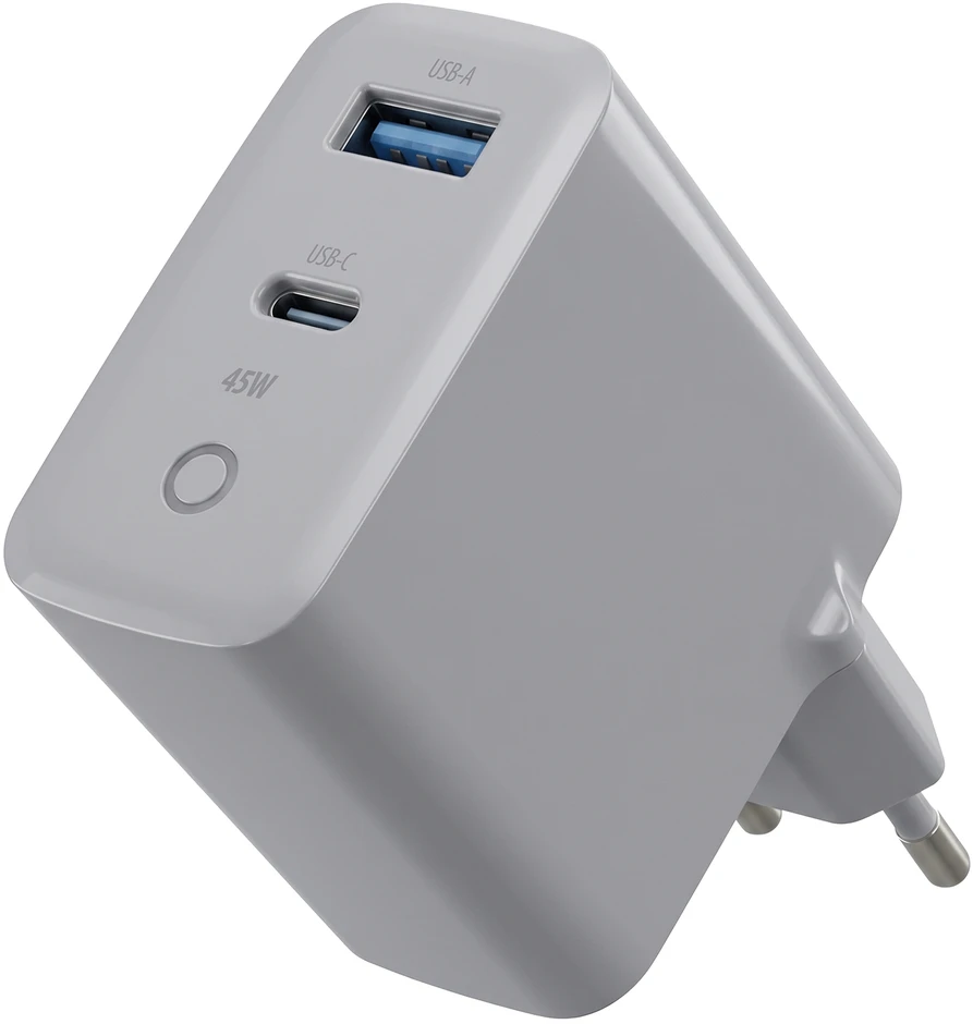 Forever Vibe-TC45AC GaN PD QC įkroviklis 1x USB-C 1x USB 45W sidabrinis