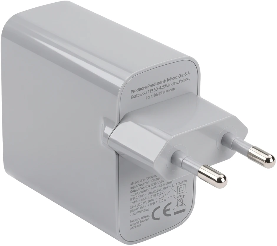 Forever Vibe-TC45AC GaN PD QC įkroviklis 1x USB-C 1x USB 45W sidabrinis