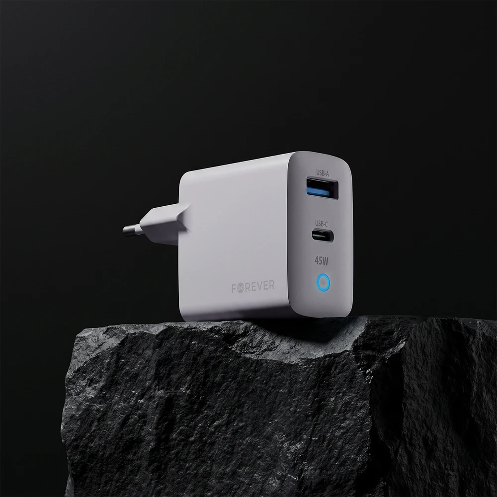 Forever Vibe-TC45AC GaN PD QC įkroviklis 1x USB-C 1x USB 45W sidabrinis