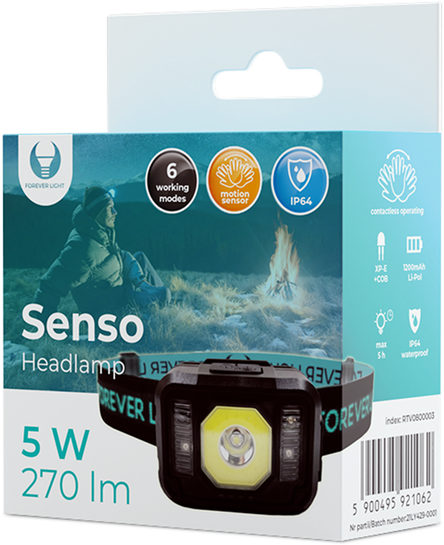 LED galvos šviestuvas Senso XP-E 3W + COB 3W su jutikliu 270lm 1200mAh Li-Pol Forever Light