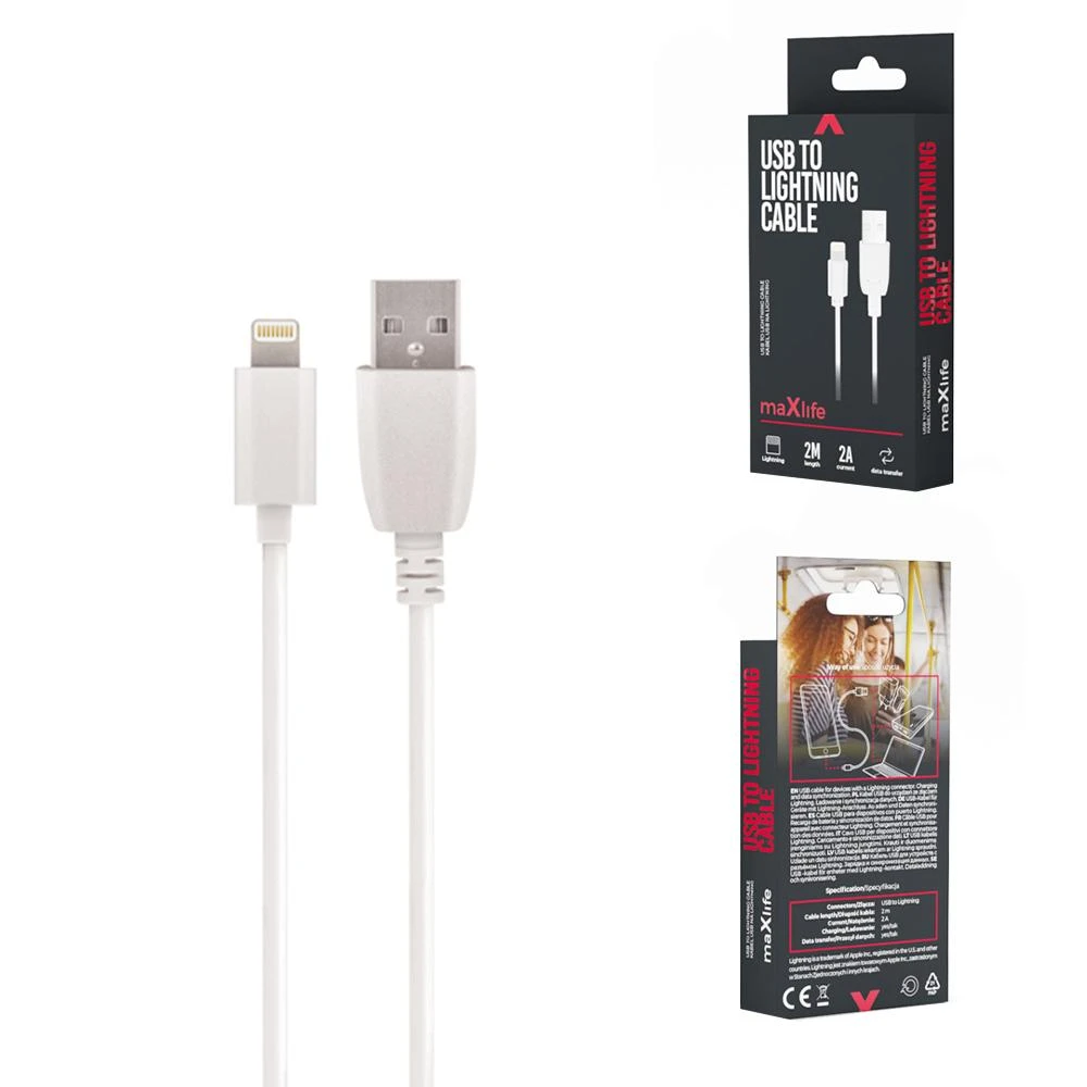 „Maxlife“ laidas USB – „Lightning“ 2,0 m 2A baltas