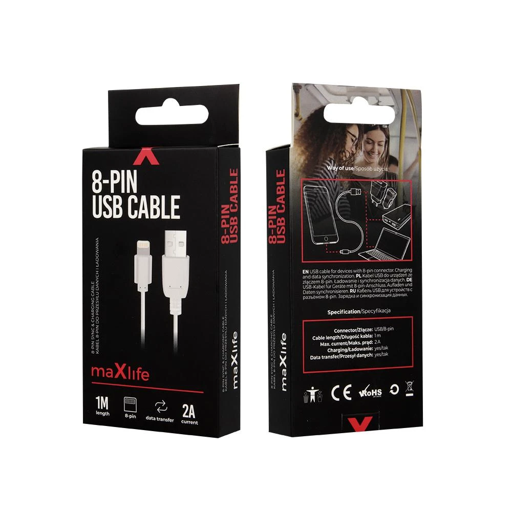 USB laidas Maxlife Apple Lightning FastCharge baltas, 2.0A,1.0m