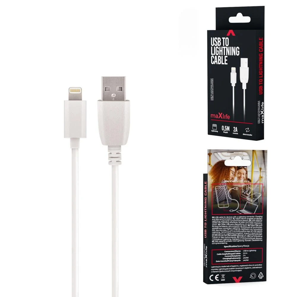 „Maxlife“ laidas USB – „Lightning“ 0,5 m 2A baltas