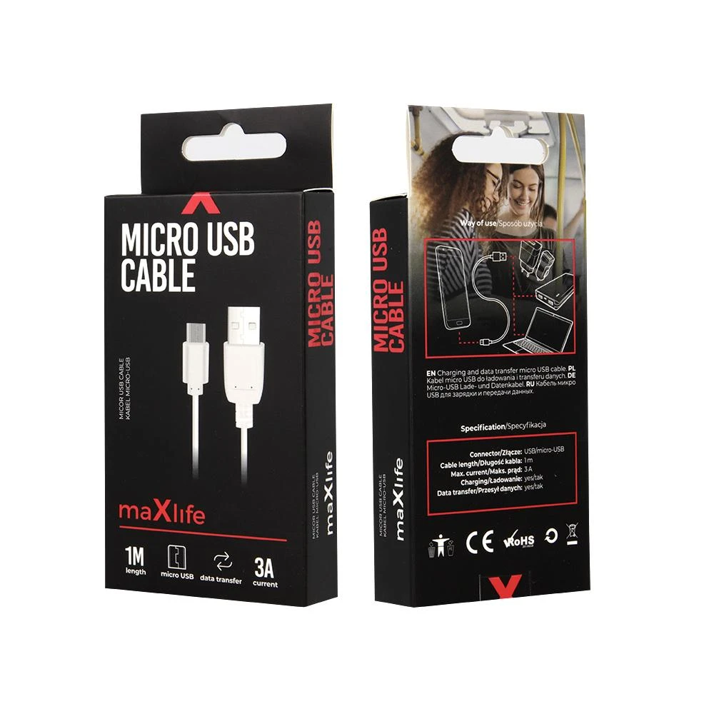 Maxlife laidas USB – microUSB 1,0 m 3A baltas